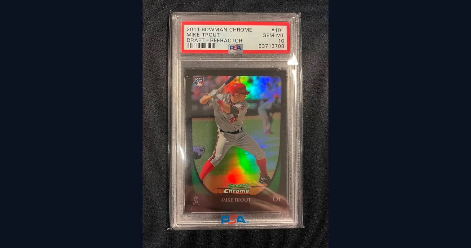 A 2011 Bowman Chrome #101 Mike Trout Draft Refractor rookie card graded PSA 10 Gem Mint, with the RC shield visible on the card