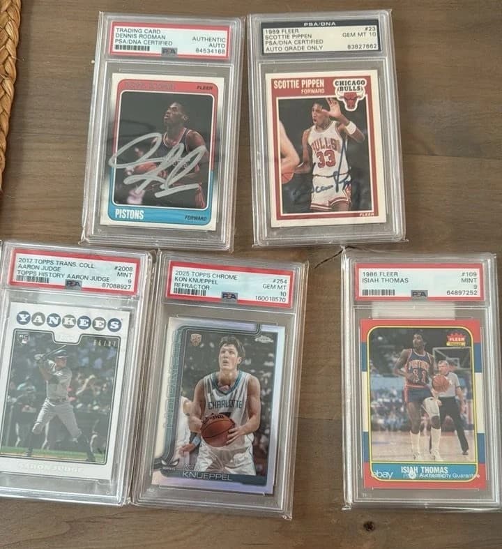 Dennis Rodman and Scottie Pippen signed cards with graded Aaron Judge, Kon Knueppel and Isiah Thomas cards