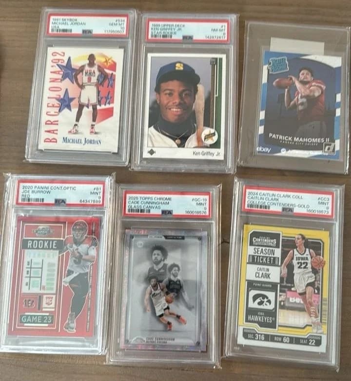 Michael Jordan, Ken Griffey Jr., Patrick Mahomes, Joe Burrow, Cade Cunningham and Caitlin Clark cards