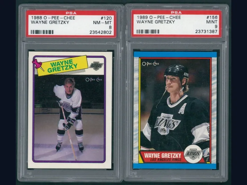 Two PSA-graded Wayne Gretzky O-Pee-Chee hockey cards: a 1988 #120 (PSA 8) and a 1989 #156 (PSA 9), both Los Angeles Kings