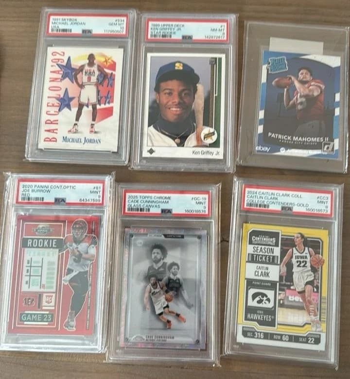 Michael Jordan, Ken Griffey Jr., Patrick Mahomes, Joe Burrow, Cade Cunningham and Caitlin Clark cards